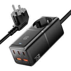 Essager Wall charger, Essager, ECTAC-BRB01-Z, GaN, 3xUSB-C, 2xUSB-A, Gniazdko AC, 75W (black) 066683  ECTAC-BRB01-Z έως και 12 άτοκες δόσεις 6971958730230