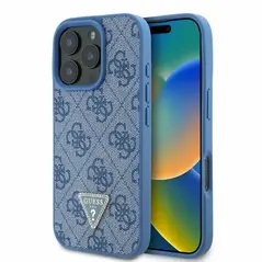 Case Guess GUHCP16LP4TDPB Apple iPhone 16 Pro hardcase Leather 4G Triangle Strass MagSafe blue