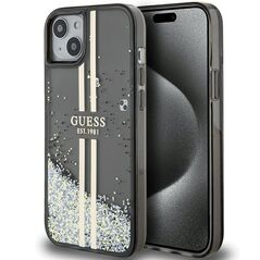 Guess case for iPhone 15 Plus 6,7&quot; GUHCP15MLFCSEGK black HC LIQ. GLITTER GOLD STRIPES 3666339223533