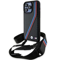 BMW M Edition Carbon Tricolor Lines &amp; Strap case for iPhone 15 Pro Max - black