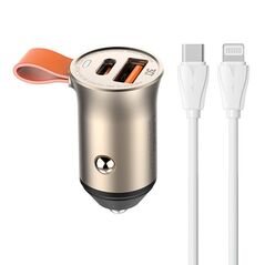 Car charger LDNIO C509Q, USB + USB-C, 30W + cable USB-C to Lightning (gold) 5905316142596