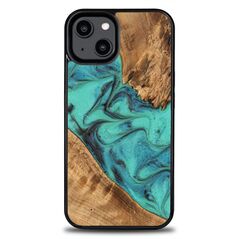 iPhone 15 Bewood Unique Turquoise Wood and Resin Case - Turquoise and Black