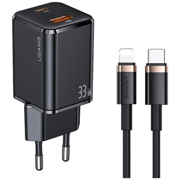 USAMS Usams - Wall Charger Kit (USKTZ01) - USB-C, GaN 33W, USB-A QC3.0 (T43) + Cable Type-C to Lightning 1.2m, PD 20W (U63) - Black 6958444977379 έως 12 άτοκες Δόσεις