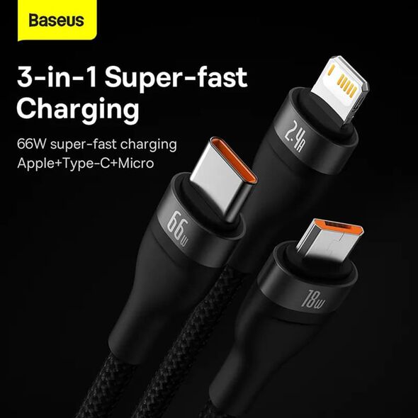 Baseus Data Cable 3in1, USB, 66W, 1.2m - Baseus Flash Series 2 (CASS040001) - Black 6932172618100 έως 12 άτοκες Δόσεις