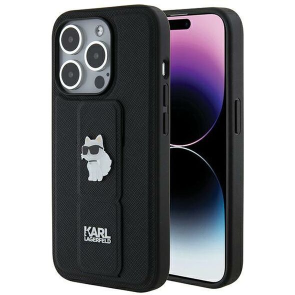 Karl Lagerfeld Gripstand Saffiano Choupette Pins case for iPhone 14 Pro - black 3666339207410