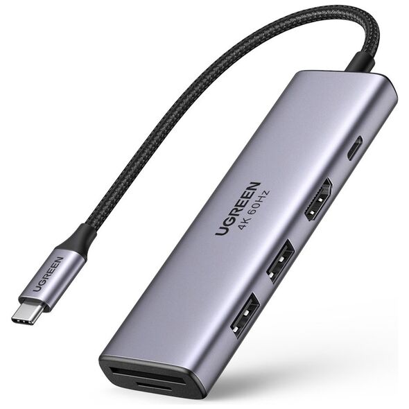 Ugreen multi-functional HUB USB Type C - 2x USB 3.2 Gen 1 / HDMI 4K 60Hz / SD and TF card reader / USB Type C PD 100W gray (60384 CM511) 6957303863846