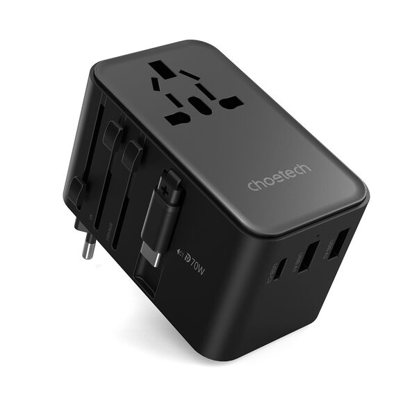 Choetech PD5022 70W EU/US/AUS/UK Travel Adapter with Built-in USB-C Cable - Black 6932112106896