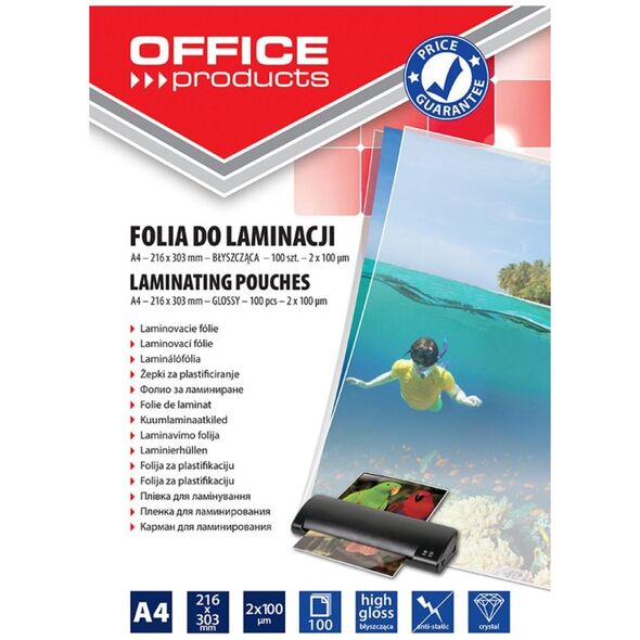 Office Products FOLIA DO LAMINOWANIA OFFICE PRODUCTS, A4, 2X100MIKR., BŁYSZCZĄCA, 100SZT., TRANSPARENTNA 20325425-90