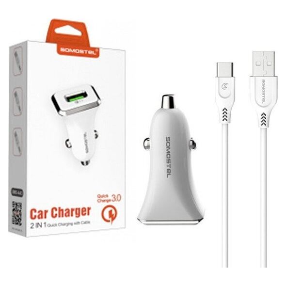 Ładowarka ŁADOWARKA SAMOCHODOWA 3A + KABEL TYP-C BIAŁA SOMOSTEL 3100mAh SMS-A43 QUICK CHARGE USB-C QC 3.0