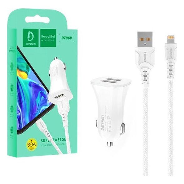 Ładowarka Vega ŁADOWARKA SAMOCHODOWA 3A + KABEL IPHONE BIAŁA DENMEN 3100mA DUAL FAST CHARGING 2XUSB DZ06L 15W>