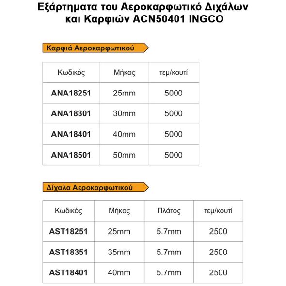 Ingco Αεροκαρφωτικό Διχάλων και Καρφιών Acn50401 6928073601594 έως 12 Άτοκες Δόσεις