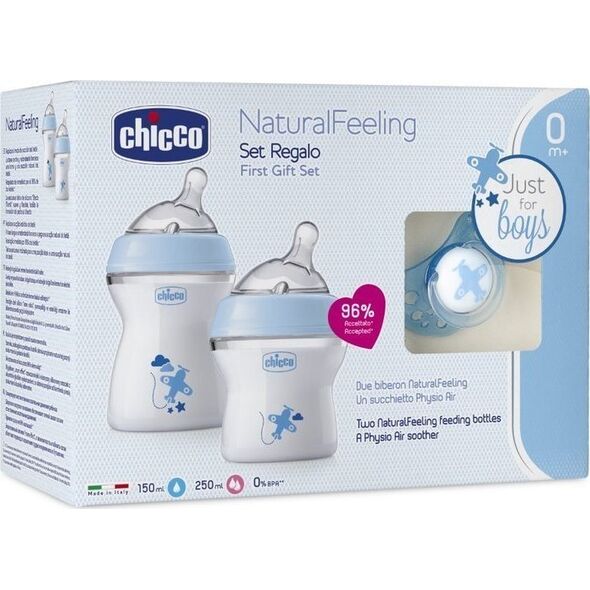 Chicco CHICCO_SET NaturalFeeling Zestaw do karmienia butelka 150ml 0m+ + butelka 250ml 2m+ + smoczek PhysioForma Comfort 0m+ Niebieski