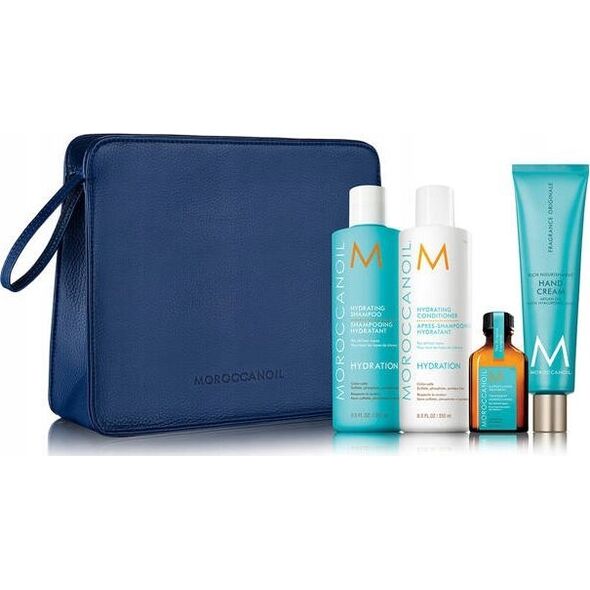 MOROCCANOIL_SET Luminous Wonders Hydrating Shampoo nawilżający szampon do włosów 250ml + Hydrating Conditioner nawilżająca odżywka do włosów 250ml + Treatment odżywcza kuracja do włosów 25ml + Hand Cream krem do rąk 100ml + kosmetyczka