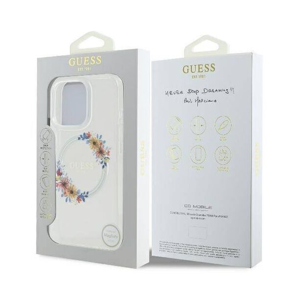 Original Case IPHONE 16 PRO MAX Guess Hardcase IML Flowers Wreath MagSafe (GUHMP16XHFWFCT) transparent 3666339311452