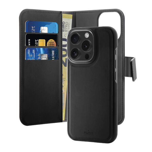 Puro Wallet Detachable MagSafe 2in1 PU Leather Case with Flap and Wallet for iPhone 16 Pro Max - Black 8018417485121