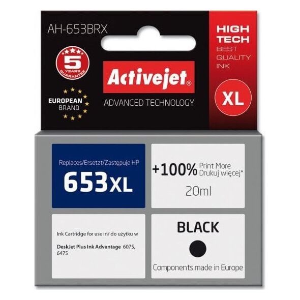 Ink Activejet Ink Activejet AH-653BRX (replacement HP 653XL 3YM75AE Premium 720 black pages)