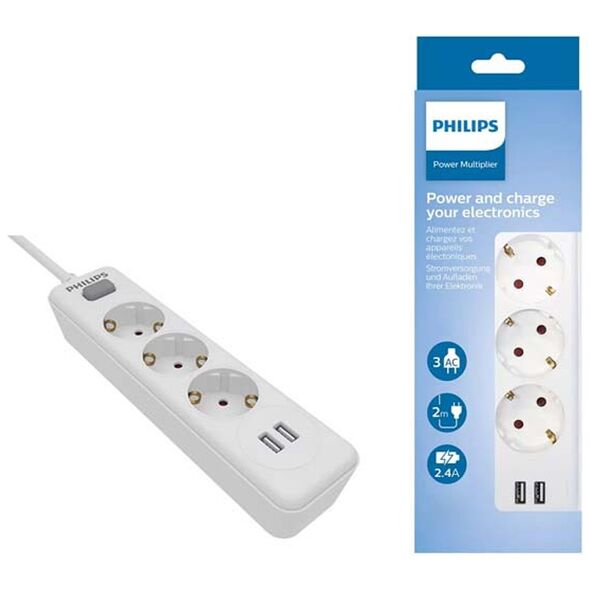 Power strip PHILIPS etension cord 3 sockets + 2 USB 2m 10A white 4895229136885