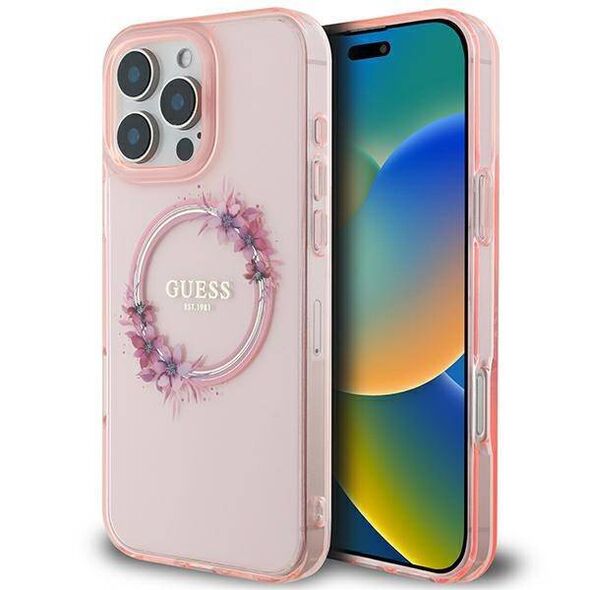 Original Case IPHONE 16 PRO MAX Guess Hardcase IML Flowers Wreath MagSafe (GUHMP16XHFWFCP) pink 3666339345037