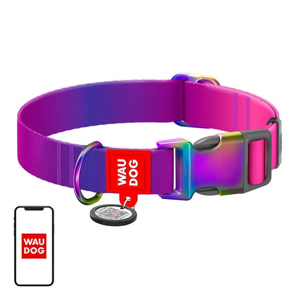 Waudog Nylon dog collar with QR code Waudog gradient,purple, size XL 071052  46509 έως και 12 άτοκες δόσεις 4823089365473