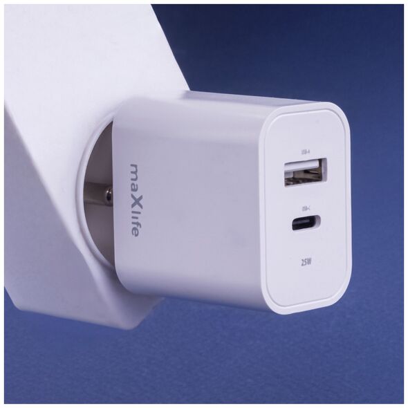 Maxlife MXTC-06-25AC PD QC charger 1x USB-C 1x USB 25W white 5900495081063