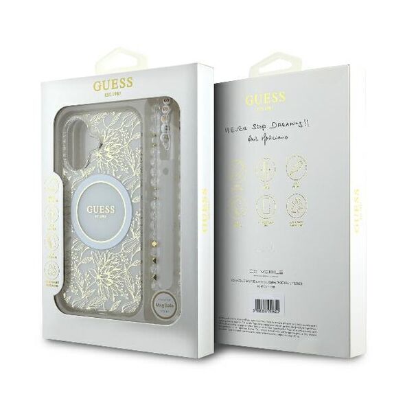 Guess Case for iPhone 16 - Guess IML Flowers IML Allover Electro With Pearl Strap MagSafe (GUHMP16SHCPOFPH) - White 3666339299453 έως 12 άτοκες Δόσεις