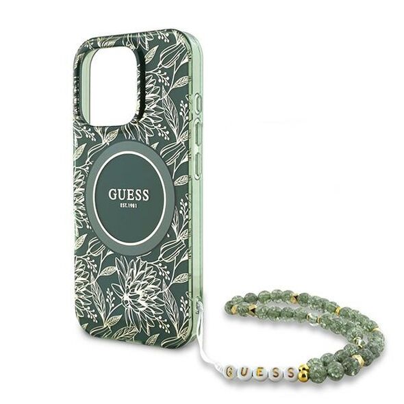 Guess Case for iPhone 16 Pro - Guess IML Flowers IML Allover Electro With Pearl Strap MagSafe (GUHMP16LHCPOFPA) - Green 3666339299620 έως 12 άτοκες Δόσεις