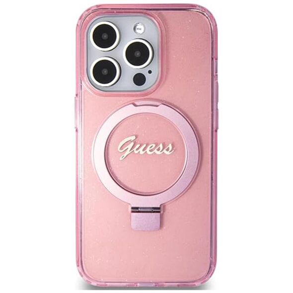 Guess Case for iPhone 15 Pro Max - Guess Ring Stand Script Glitter MagSafe (GUHMP15XHRSGSP) - Pink 3666339156497 έως 12 άτοκες Δόσεις