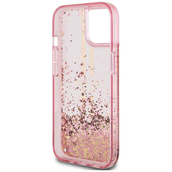 Guess Case for iPhone 15 / iPhone 14 / iPhone 13 - Guess Liquid Glitter Gold Stripes (GUHCP15SLFCFCSEGP) - Pink 3666339223663 έως 12 άτοκες Δόσεις