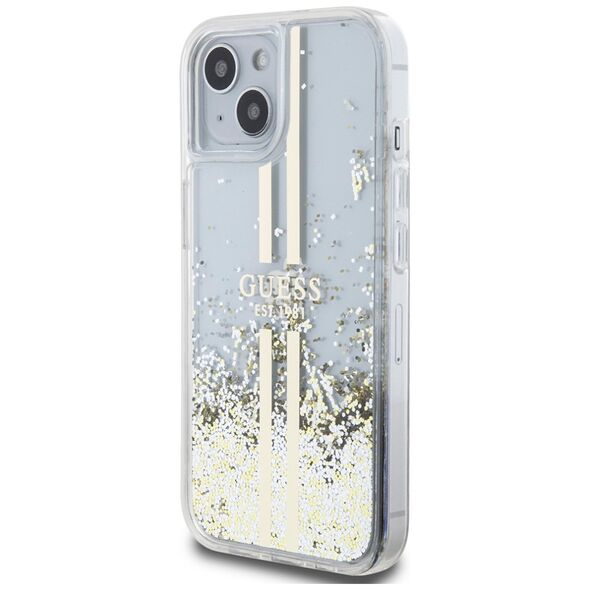 Guess Case for iPhone 15 / iPhone 14 / iPhone 13 - Guess Liquid Glitter Gold Stripes (GUHCP15SLFCSEGT) - Transparent 3666339223946 έως 12 άτοκες Δόσεις