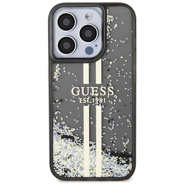 Guess Case for iPhone 15 Pro - Guess Liquid Glitter Gold Stripes (GUHCP15LLLLFCFCSEGK) - Black 3666339223540 έως 12 άτοκες Δόσεις