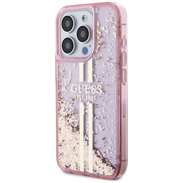 Guess Case for iPhone 15 Pro - Guess Liquid Glitter Gold Stripes (GUHCP15LLLLFCSEGP) - Pink 3666339223687 έως 12 άτοκες Δόσεις