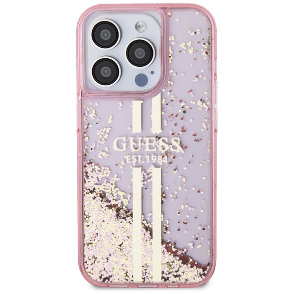 Guess Case for iPhone 15 Pro - Guess Liquid Glitter Gold Stripes (GUHCP15LLLLFCSEGP) - Pink 3666339223687 έως 12 άτοκες Δόσεις