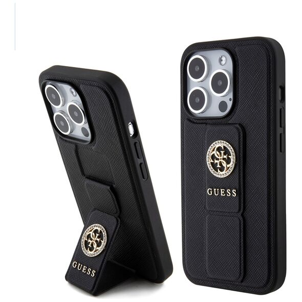 Guess Case for iPhone 15 Pro - Guess Grip Stand 4G Saffiano Rhinestone Saffiano (GUHCP15LPGPGSSADK) - Black 3666339198435 έως 12 άτοκες Δόσεις