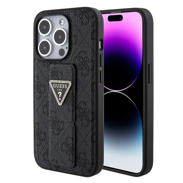 Guess Case for iPhone 15 Pro - Guess Grip Stand 4G Triangle Triangle Strass (GUHCP15LPGS4TDK) - Black 3666339197315 έως 12 άτοκες Δόσεις