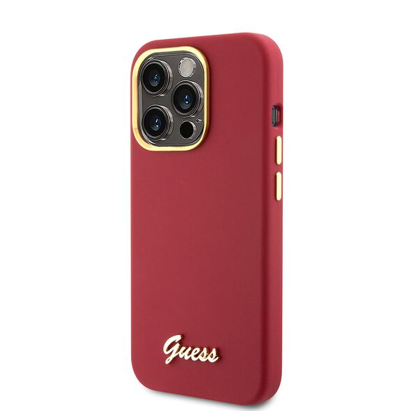 Guess Case for iPhone 15 Pro - Guess Silicone Script Metal Metal Logo & Frame (GUHCP15LSMBSLM) - Red 3666339149062 έως 12 άτοκες Δόσεις