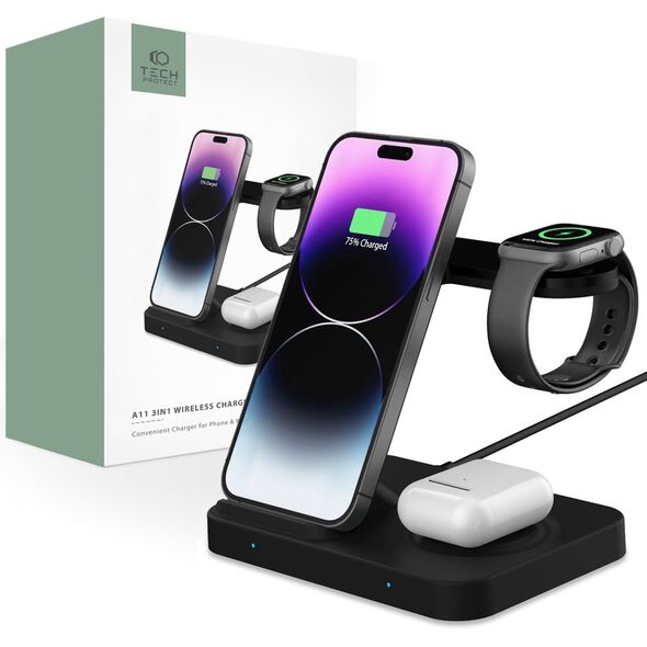 Tech-Protect A11 15W inductive charger in the form of a 3-in-1 stand for smartphone / headphones / smartwatch - black 9589046920134