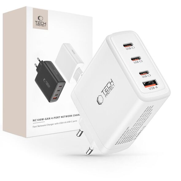 Tech-Protect NC100W-GAN charger GaN 3x USB-C PD 100W / USB-A QC 3.0 - white 9490713934814