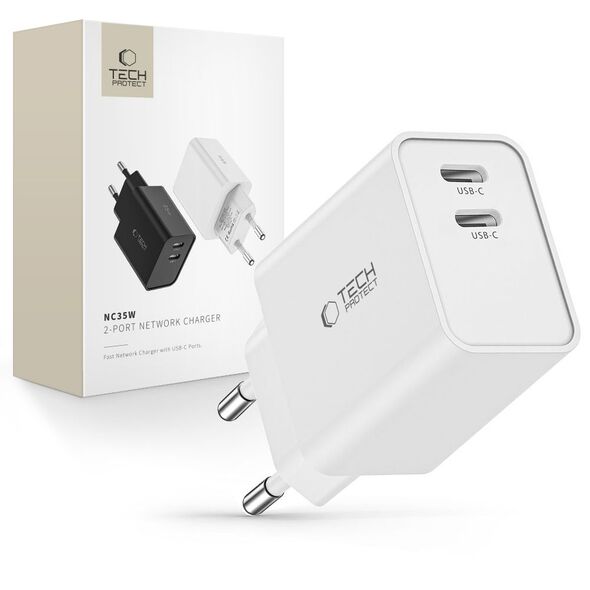 Tech-Protect C35W mains charger 2x USB-C PD 35W - white 9490713936078