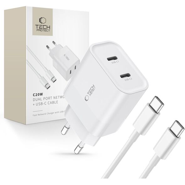 Tech-Protect C20W 2x USB-C PD 20W network charger with USB-C / USB-C cable - white 9319456607291