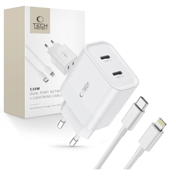 Tech-Protect C20W 2x USB-C PD 20W network charger with Lightning / USB-C cable - white 9319456607307