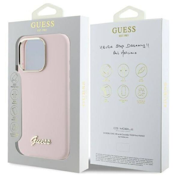 Original Case IPHONE 16 PRO Guess Hardcase Silicone Script Metal Logo & Frame (GUHCP16LSMBSLP) pink 3666339344276