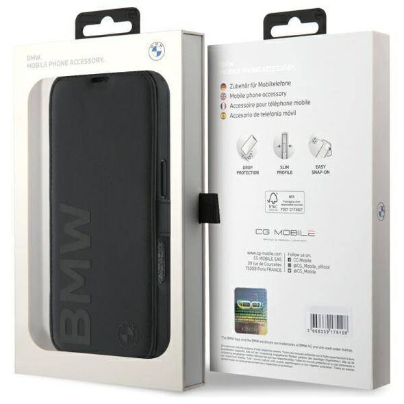 Original Case IPHONE 16 PRO BMW Bookcase Signature Leather Wordmark (BMBKP16L23RMRLK) black 3666339364540