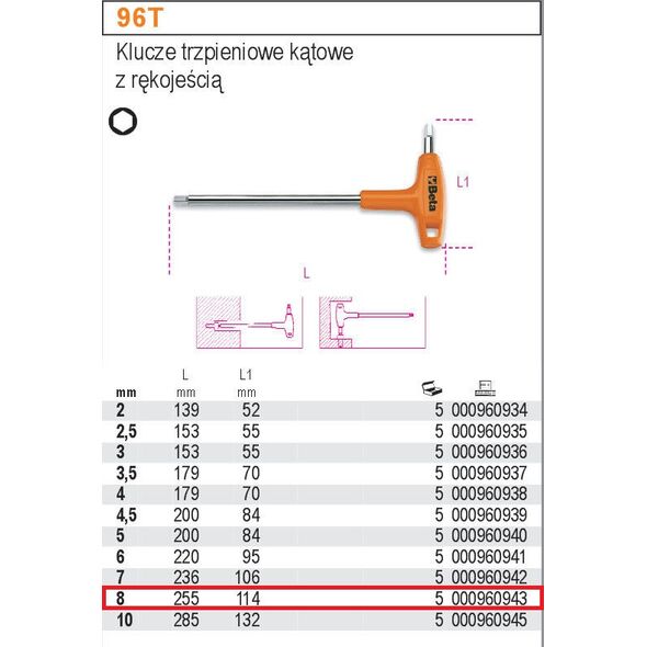 Beta Tools Klucz imbusowy hex typ T 8mm (000960943) 3099529 8014230025902