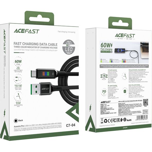 Acefast Kabel przewód USB-A - USB-C 60W z wyświetlaczem 1.2m czarny Kabel przewód USB-A - USB-C 60W z wyświetlaczem 1.2m czarny 13576597 6974316282785