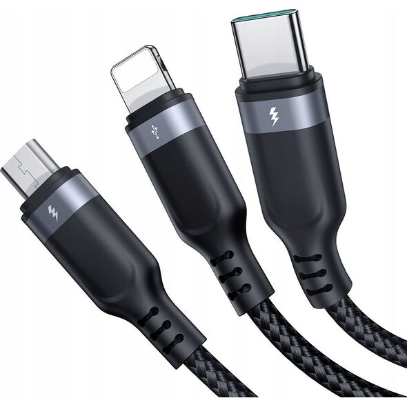 Kabel USB Joyroom USB-A - USB-C + microUSB + Lightning 0.3 m Czarny (JYR787)