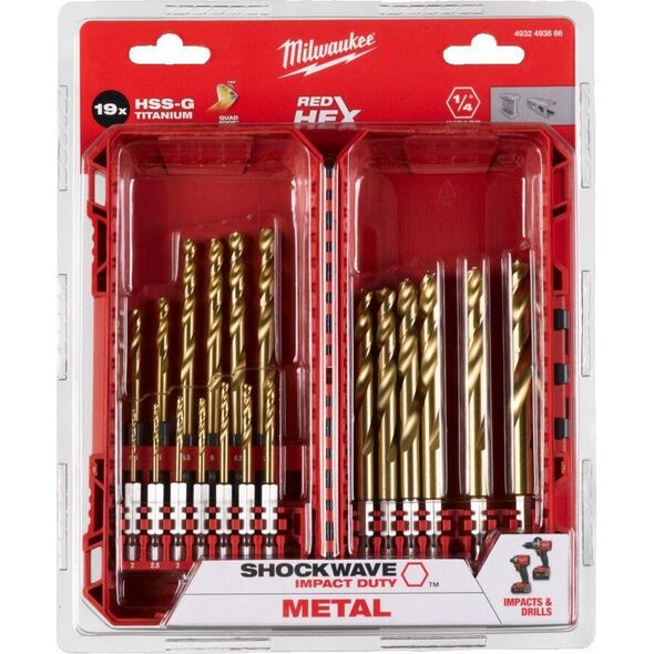 Milwaukee 19 Piece Metal Drill Bit Set MILWAUKEE SWave 1/4&quot| Hex SW HSS-G TIN