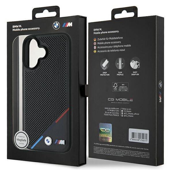 Original Case IPHONE 16 PLUS BMW Hardcase M Perforated Tricolor Line MagSafe (BMHMP16M23PUPDK) black 3666339323851