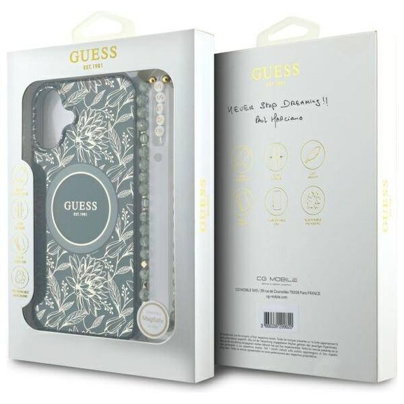 Original Case IPHONE 16 Guess Hardcase IML Flowers Allover Electro With Pearl Strap MagSafe green 3666339299606