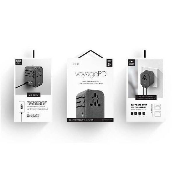 UNIQ Load. network. Voyage World Adapter 33W + 2xUSB + PD 18W + QC 3.0 grey/charcoal gray (LITHOS Collective) 8886463664483