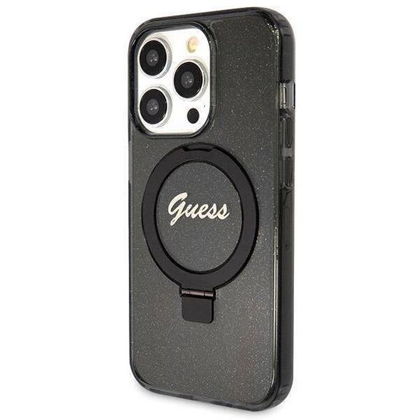 Guess GUHMP14LHRSGSK iPhone 14 Pro 6.1" black/black hardcase Ring Stand Script Glitter MagSafe 3666339156305